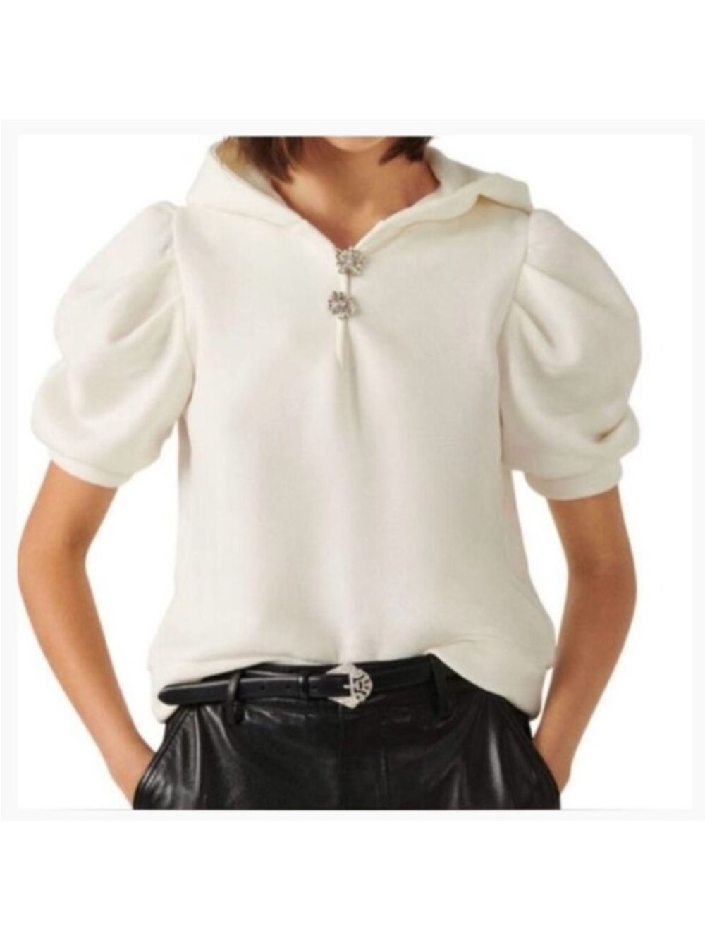 Ba&Sh White Puff Sleeve Hooded Top - Picture 2 of 4